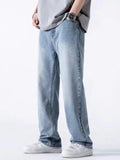 Spring Autumn Men's Jeans Straight Denim Pants Banding Waist Cotton Streetwear Wide Leg Loose Casual Blue Long Jeans Trousers