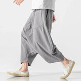 Eoior Summer Men Plus Size Casual Harem Pants Vintage Loose Cotton Linen Wide Leg Pants Men Elastic Waist Pantalones Trousers