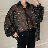 Eoior  2024 New Starry Sky Mesh Sexy Long-sleeved Shirt Men's Loose Oversize Lapel Shirt Top Sun Protection Shirt See-through Blouse