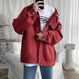 New Steetwear Red Mens Jean Jackets Turn Down Collar Multi-pockets Denim Coats Overalls Loose Casual Men Clothing Outwear