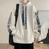 Eoior  Korean Style Streetwear Men Hooded Sweatshirt Trendy Side Embroidery Design Loose Hoodie Casual Drawstring Hoodies