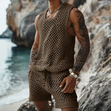 Eoior  -  Casual Breathable Knitted Hollow Out Two Piece Sets Men Vintage O Neck Sleeveless Tank Top Knit Shorts Mens Outfits Summer Suits