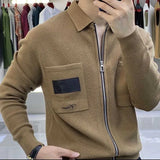 Eoior  Fashion Lapel Zipper Spliced Pockets Embroidery Cardigan Sweaters Mens Clothing 2024 Spring New Loose Knitted All-match Tops