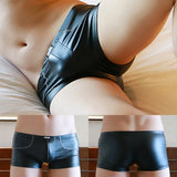 Sexy Men Wet Look Black Faux Leather Boxer Briefs Lingerie Low Rise Panties Shorts Skinny Trunks Underwear Sensual Clubwear