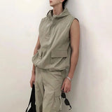 Eoior  Mens Y2k Functional Multi-Pocket Casual Hooded Vest 2024 New Genderless Fashion Loose Solid Color Sleeveless Tank Top Unisex