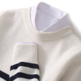 Eoior  Men's Crew Neck Loose Stripe Thickened Sweater Pullover Business Casual 100% Wool Knitted Bottom Shirt Versatile Korean Versions