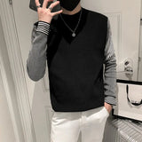 Eoior  Fashion O-Neck Spliced Striped Fake Two Piece Sweater Men's Clothing  Autumn New Loose Casual Pullovers All-match Tops