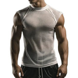 Summer Sexy See Through Mesh Tank Tops Men Fashion O Neck Hollow Out Slim Mens T-shirts Sleeveless Casual Solid Color Camisoles