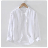 Eoior M-3XL Spring and Summer Stand Collar Plain Color Long-sleeve Vintage Men's Streetwear Single Breasted Linen Shirts