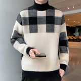 Eoior  Fashion Half High Collar Knitted Spliced Lattice Korean Sweater Men's Clothing  Autumn New Casual Pullovers Loose Warm Tops