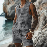 Eoior  -  Casual Breathable Knitted Hollow Out Two Piece Sets Men Vintage O Neck Sleeveless Tank Top Knit Shorts Mens Outfits Summer Suits