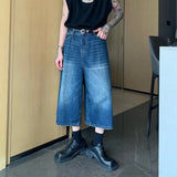 Retro solid color men straight wide leg jeans summer Y2k distressed trendy brand pants cropped couple casual pants sweatpants