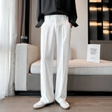 Summer Men Thin Casual Suit Pants Long Straight Drape Silky Wide Loose Trousers Male Elastic Waist Oversize Clothes Black White