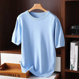 Eoior High Qualtity Oversized Cashmere Knitted O-neck T-shirt for Men Short Sleeve Tee Solid Color Trend Leisure Grey White Black Blue