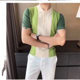 Slim Contrasting Colors Striped Korean Version Short Sleeve Lapel Simplicity All-match Handsome Trend Men's Clothing POLO Shirts