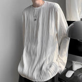 Casual Fashion Solid Color Pleated Texture Male T-shirt New High Quality Long Sleeve Loose O-collar Streetwear All-match Top