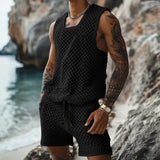 Eoior  -  Casual Breathable Knitted Hollow Out Two Piece Sets Men Vintage O Neck Sleeveless Tank Top Knit Shorts Mens Outfits Summer Suits