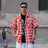 Color Match Patchwork Plaid Short Sleeve Shirts for Men Y2K Lapel Streetwear Loose Casual Unisex Tops Harajuku Oversized Shirt