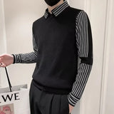 Eoior  Fake 2 Pieces Shirt Collar Men's Knitted Sweater/Male Slim Fit Striped Casual Pullover/Man Long Sleeve Sweaters 3XL-M