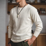 Eoior Maden Fit Long-sleeved Pullover T-shirts Men Waffle Cotton Henry T-shirt Sweater Tee Man Clothing Regularly （White ）