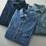 Eoior  Heavy Japanese vintage washed vertical stripe denim shirt men's loose large size cotton long-sleeved shirt jacket