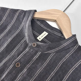 Eoior  New Summer Linen Striped Shirt Casual Fashion Pullover Men's Short Sleeve Stand Collar Shirt Men's Clothing