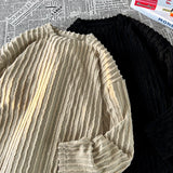 Eoior  Solid Colour Raw E dge Striped Sweatshirt Retro Long Sleeve T-Shirt Men's Autumn Loose Streetwear Large Size Casual Sweatshirts