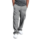 Eoior  Men's Cargo Pants Solid Color Fleece Multi Pocket Sweatpant Hip Hop Streetwear Handsome Loose Straight Trousers Sports Pants