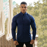 Eoior New Autumn Fashion Long Sleeve Shirt Men Solid Fitness Mens Turn-down Collar Button Super Slim Fit Business Dress Shirt Gym Tops