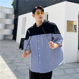 Eoior  Fashion Loose Pockets Spliced Striped Hooded T-Shirts Men's Clothing 2024 Summer New Oversized Korean Tops Casual Tee Shirt