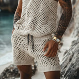 Casual Breathable Knitted Hollow Out Two Piece Sets Men Vintage O Neck Sleeveless Tank Top Knit Shorts Mens Outfits Summer Suits