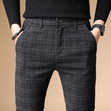 Business Male Suit Trousers Straight Slim Fit Social Tailoring Check Plaid Tressed Men's Summer Pants Chinese Homme Up Fine