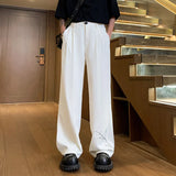  Summer Men's Long Straight Trousers Wide Leg Embroidery Drape Casual Suit Pant Fashion Oversize Pants for Man Black White