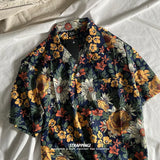 line drawing plant floral Cuban collar short-sleeved floral shirt for men and women trendy Hawaiian Thai Japanese retro shirt