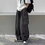 Eoior 2024 Spring Autumn Men Baggy Jeans Men Wide Leg Pants Big Pockets Elastic Waist Streetwear Trousers Male Loose Denim Pants