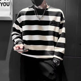 Eoior  Striped Sweater Men's Long Sleeved Spring and Autumn Trendy Casual Ruffian Handsome T-shirt Men's Round Neck Pullover Top