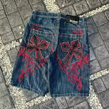 Eoior  -  90s Streetwear Y2K Street New Fashion Skeleton Embroidery Loose Shorts Men Retro Harajuku Pop Hip Hop Gothic High Waist Sports Denim Shorts